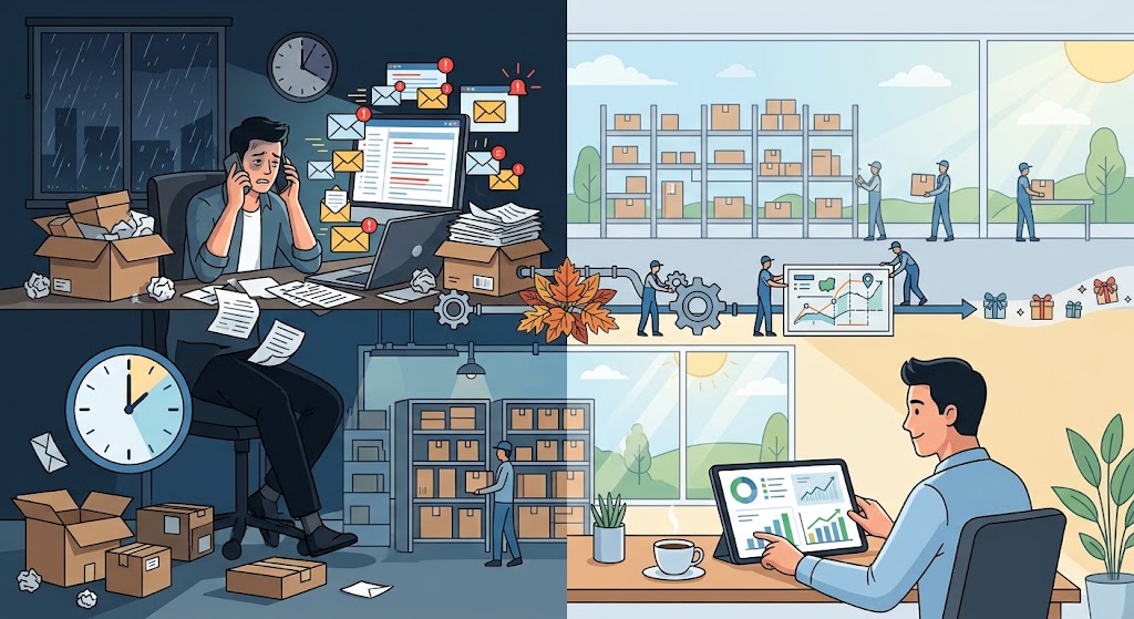 A split-screen illustration contrasting a stressed man working late at night amidst chaotic boxes and urgent messages on the left, with a relaxed man reviewing positive sales charts in a bright, organized office on the right.