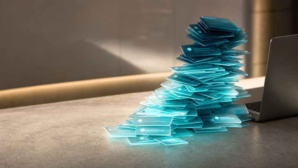 Editorial visual of overflowing message notifications piling up on a desk, symbolizing a DTC brand that has outgrown its customer service setup