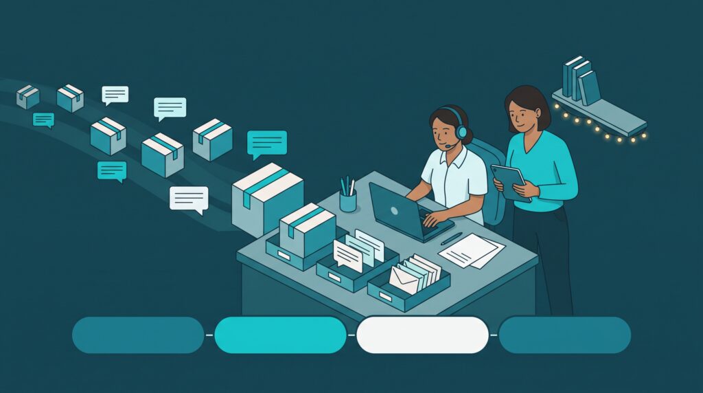 An isometric teal-toned illustration depicting two colleagues at a desk, one wearing a headset and laptop and another holding a tablet, managing an automated workflow of e-commerce orders and digital communication represented by floating boxes and chat bubble icons that flow into sorted desktop trays. A sequence of timeline nodes is shown along the bottom.